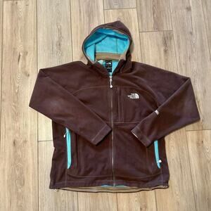 The North Face Windwall brown and turquoise blue fleece hoodie full zip jacket